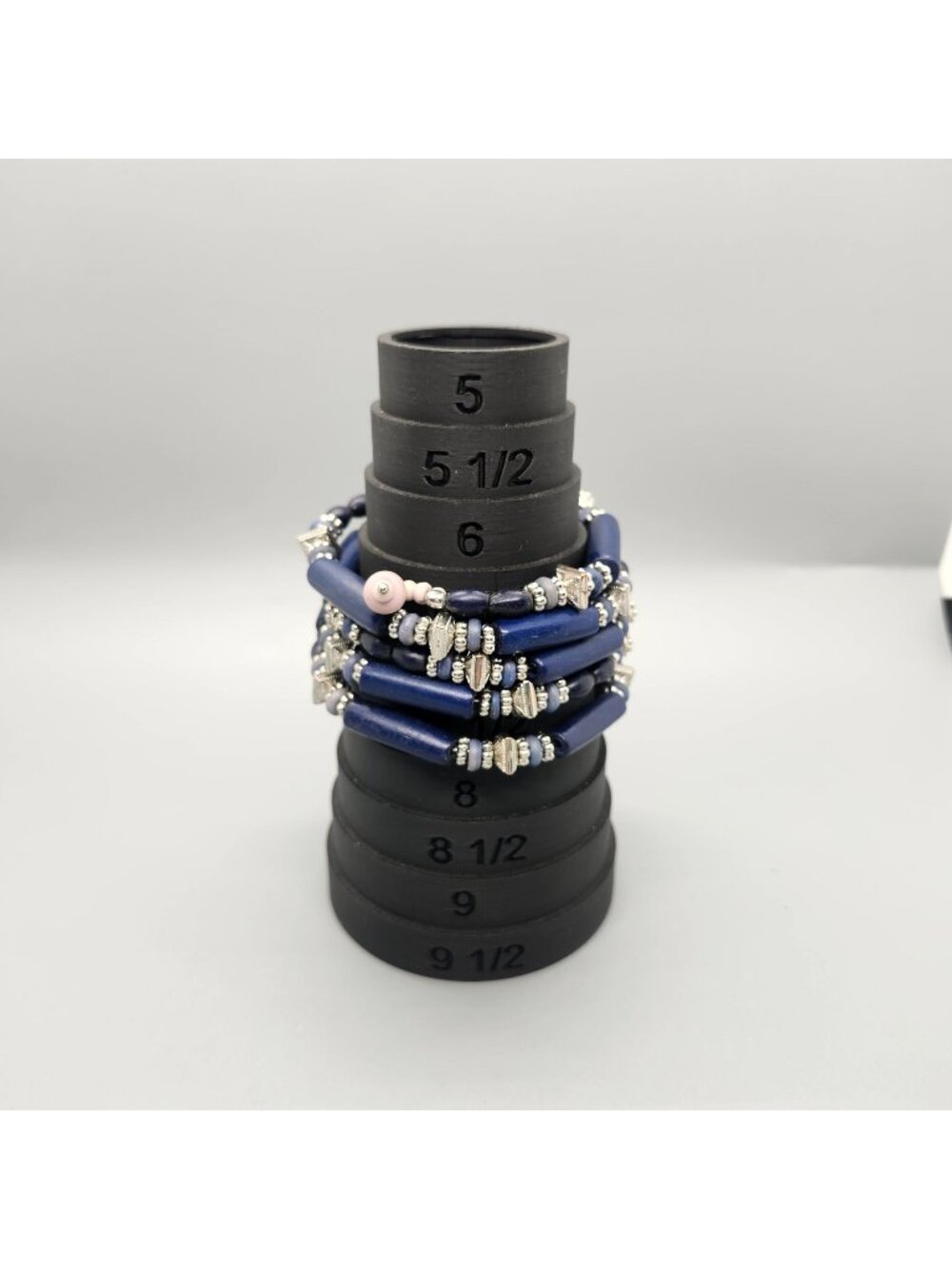 Blue & Silver Beaded Stretch Bracelet With Pink Accent Charm - Fits Size 6"-7.5